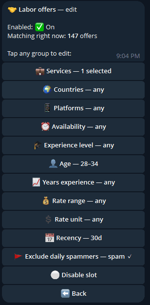 Filter settings in the match bot